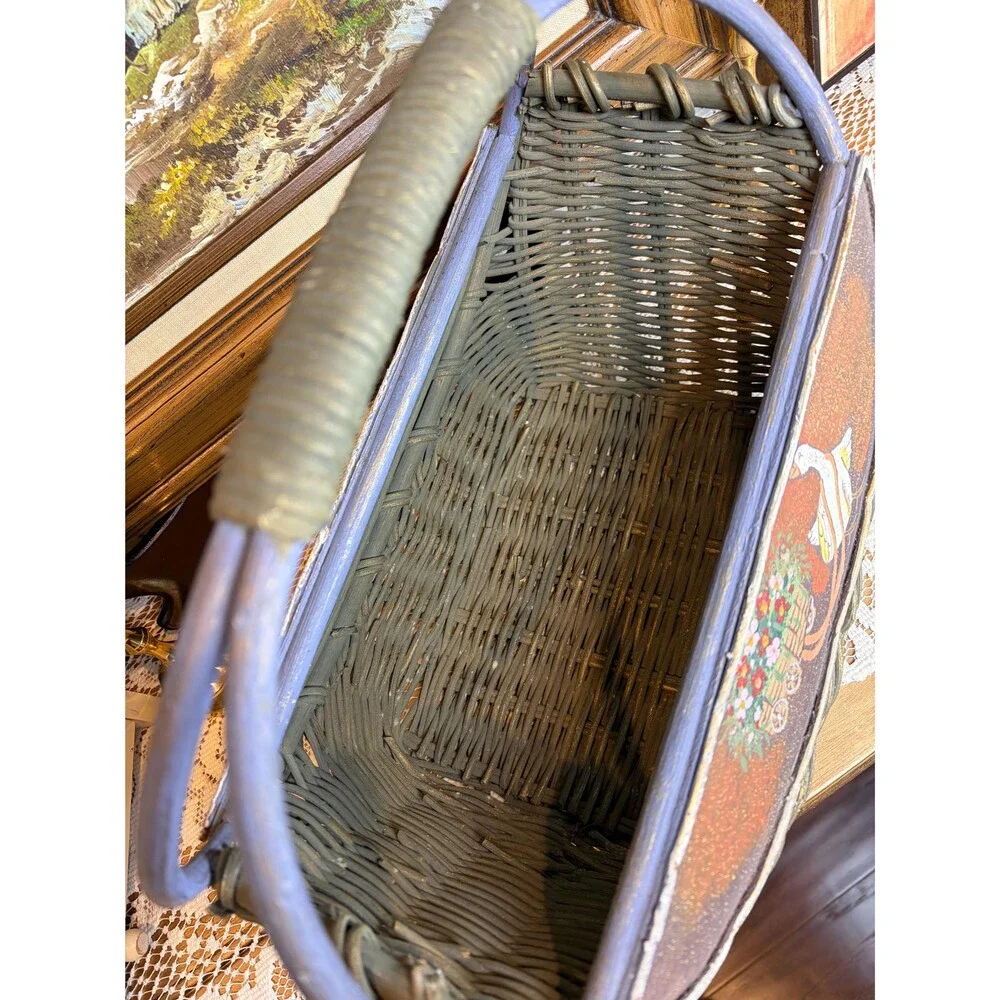 Vintage Hand Painted Goose Flower Cart Wicker Basket Country Cottagecore Decor